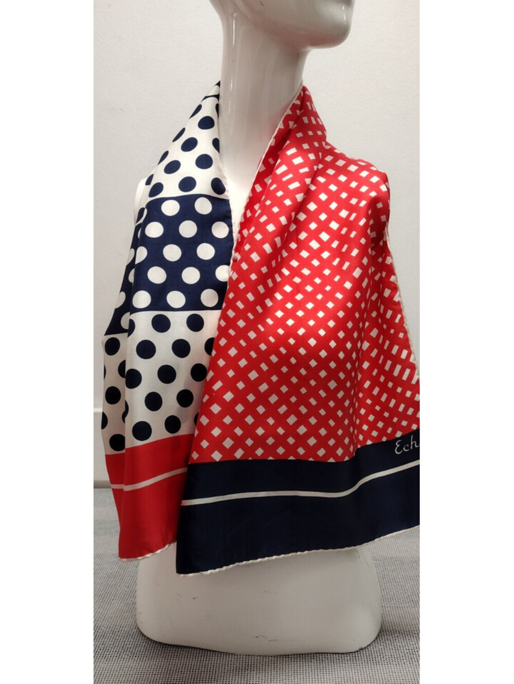 Vinage 1960s White DOTS Echo All Silk Scarf Red Orange White & Blue Polka Dots
